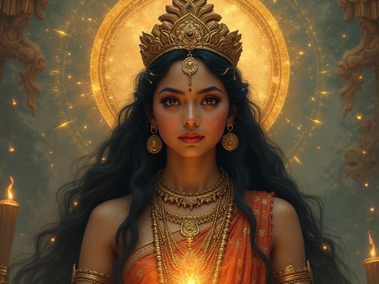 A beautiful girl named Ashokasundari inspired by Goddess Parvati. She is surrounded by ethereal light and adorned with intricate jewelry and traditional garments. The image reflects themes of love, devotion, and strength.