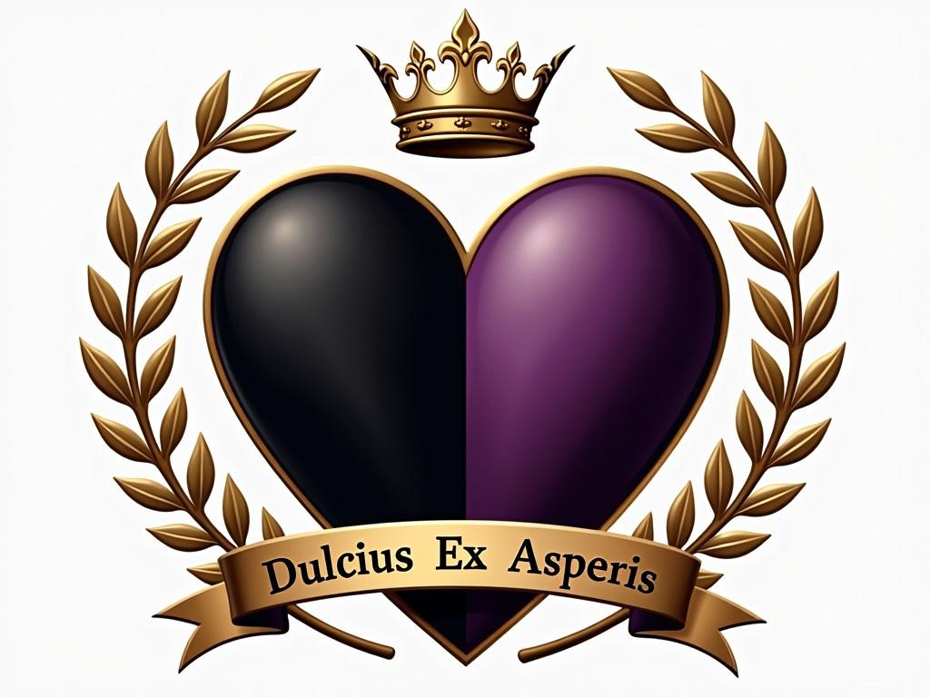 Create a heraldic emblem featuring a heart-shaped shield that is split into two sections. The left half of the shield should be colored black, while the right half is dark violet. Surround the heart-shaped shield with elegant gold vines that add a decorative touch. At the top of the emblem, place a gold coronet to signify royalty. Below the shield, include a ribbon that displays the motto "Dulcius Ex Asperis", emphasizing the theme of sweetness through adversity. The design should have a matte finish without any luster or glitter, giving it a classic, understated appearance.