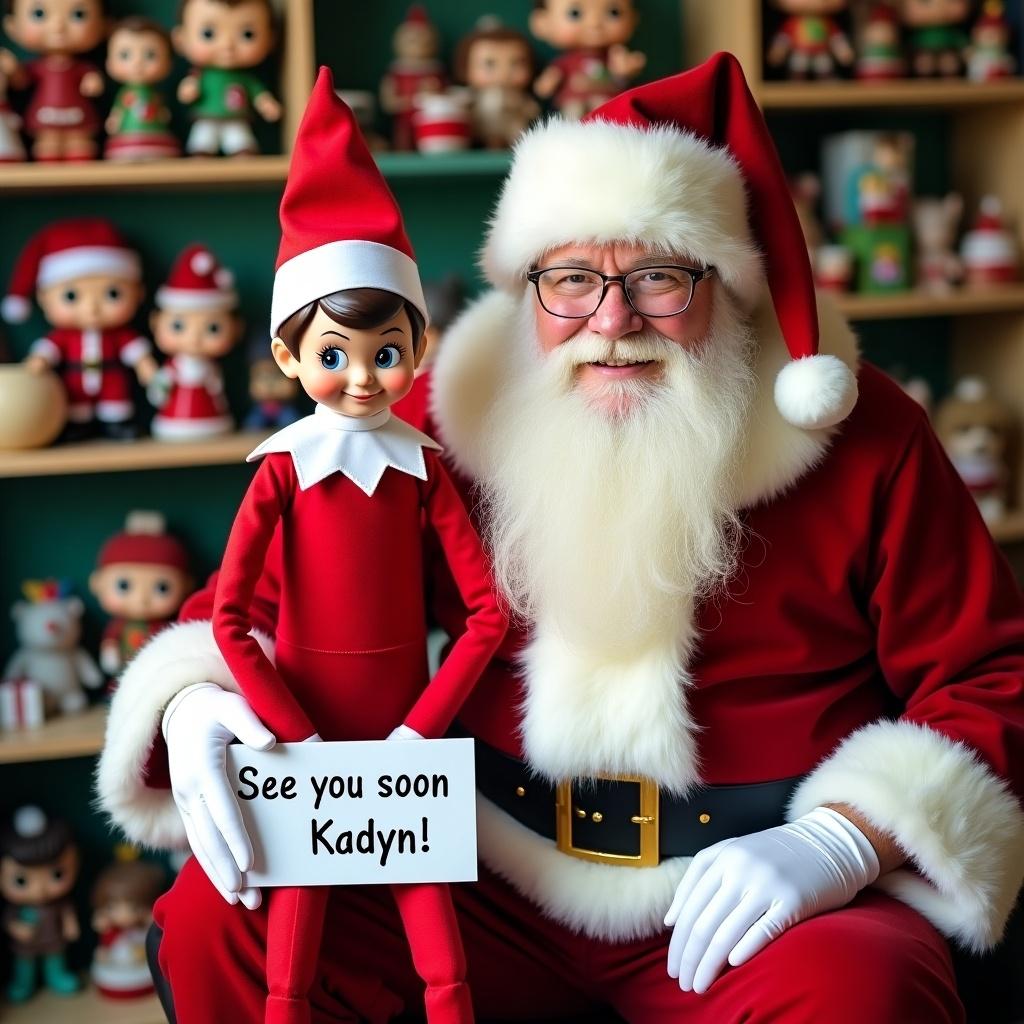 An Elf on the Shelf in a traditional red outfit with white trim sits beside Santa in a colorful toy workshop. The Elf holds a sign that says ‘See you soon Kadyn!’ Background filled with Funko Pops and holiday decorations. Santa poses cheerfully next to the Elf. Warm, inviting atmosphere ideal for the holiday season. Workshop includes colorful toys and festive feel, encapsulating the spirit of Christmas and the joy of giving.