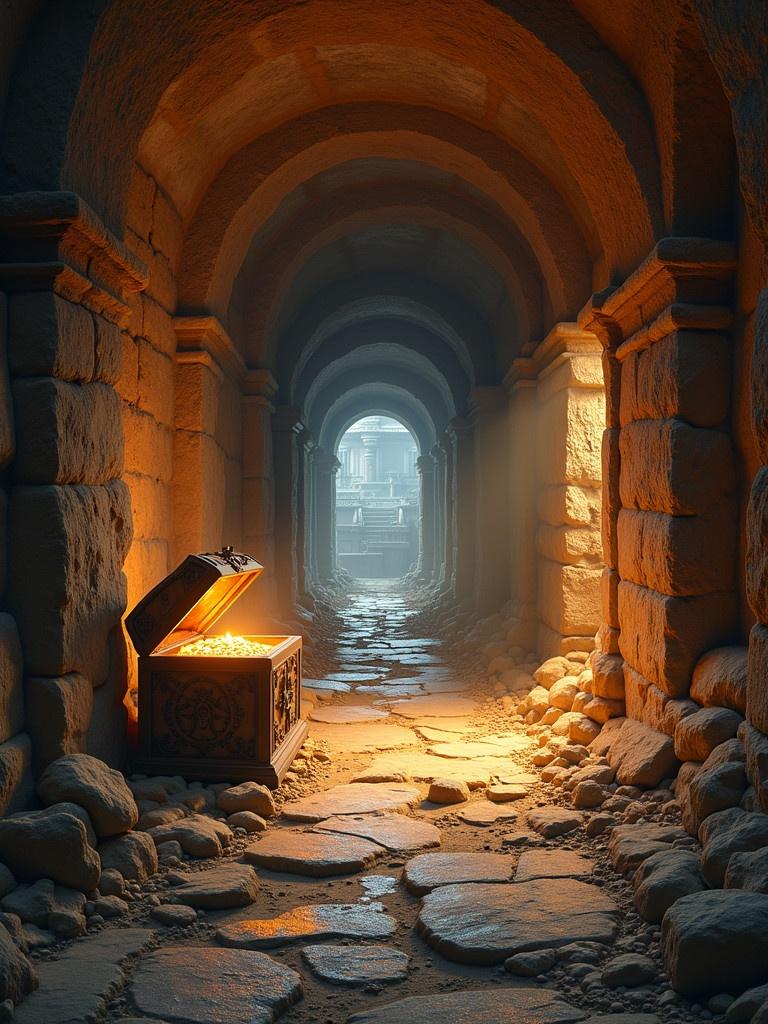 Inside a corridor of a treasure hunt temple. The setting features a treasure chest overflowing with gold coins. The corridor is lined with stone archways. Light streams through the arches, creating a mystical atmosphere. The ground is uneven with cobblestones. The temple hints at booby traps hidden along the path.