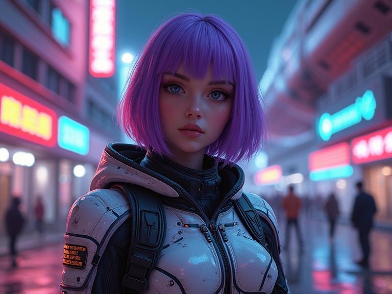 Photorealistic young woman with purple bob hair wearing futuristic spacesuit stands on neon-lit street corner. Large spaceship docked nearby. Realistic lighting with neon reflections and night-time shadows. Lifelike skin tones and metallic textures. Mood conveys cuteness and positivity. Composition in slight low-angle 3/4 full-body view.