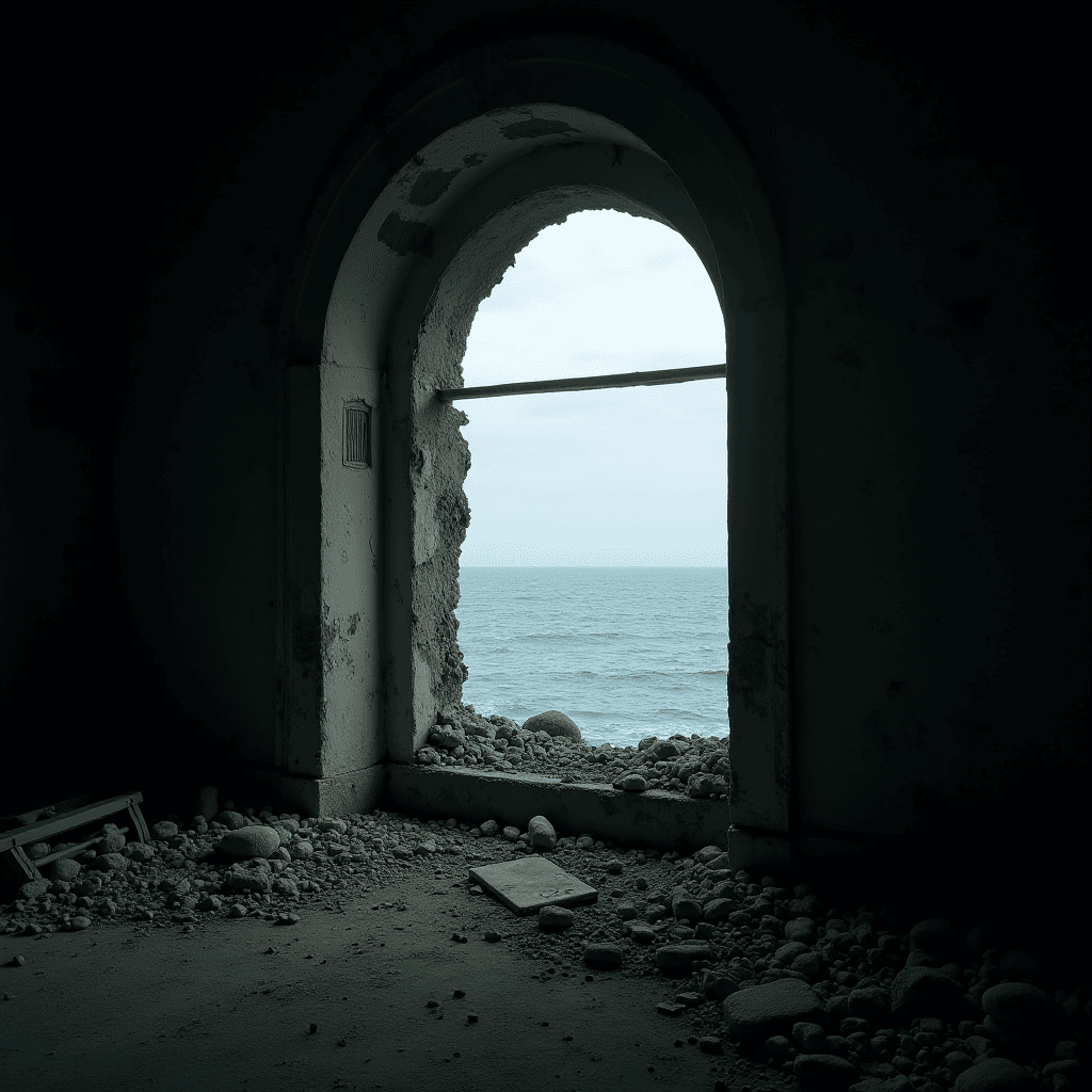 A large, arched window shows a view of the sea from inside a dark, abandoned building.