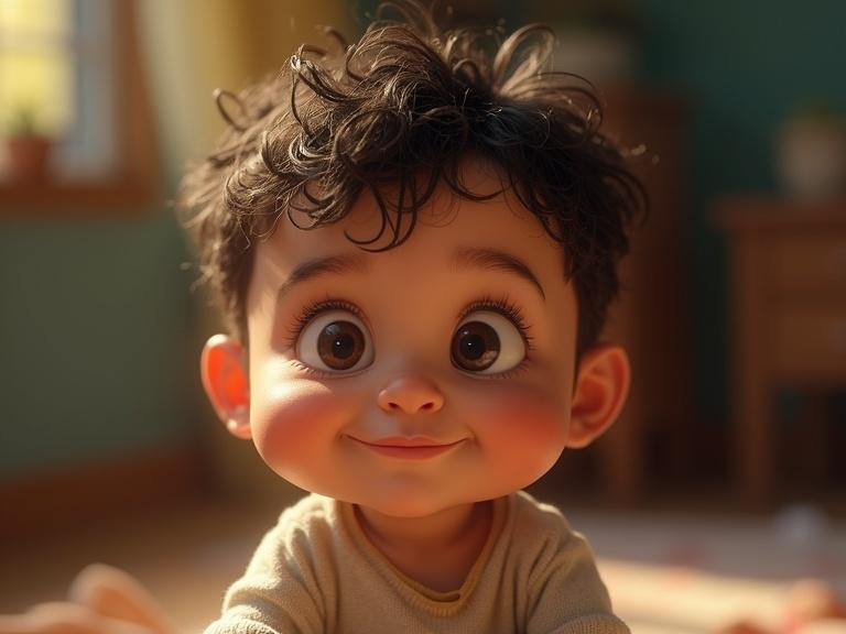 A hyperrealistic baby in caricature style with exaggerated facial features. Detailed skin texture and styled hair. Cinematic lighting and vibrant color grading. Dynamic shadows and highlights create a whimsical atmosphere. Rich composition and photo-real depth.
