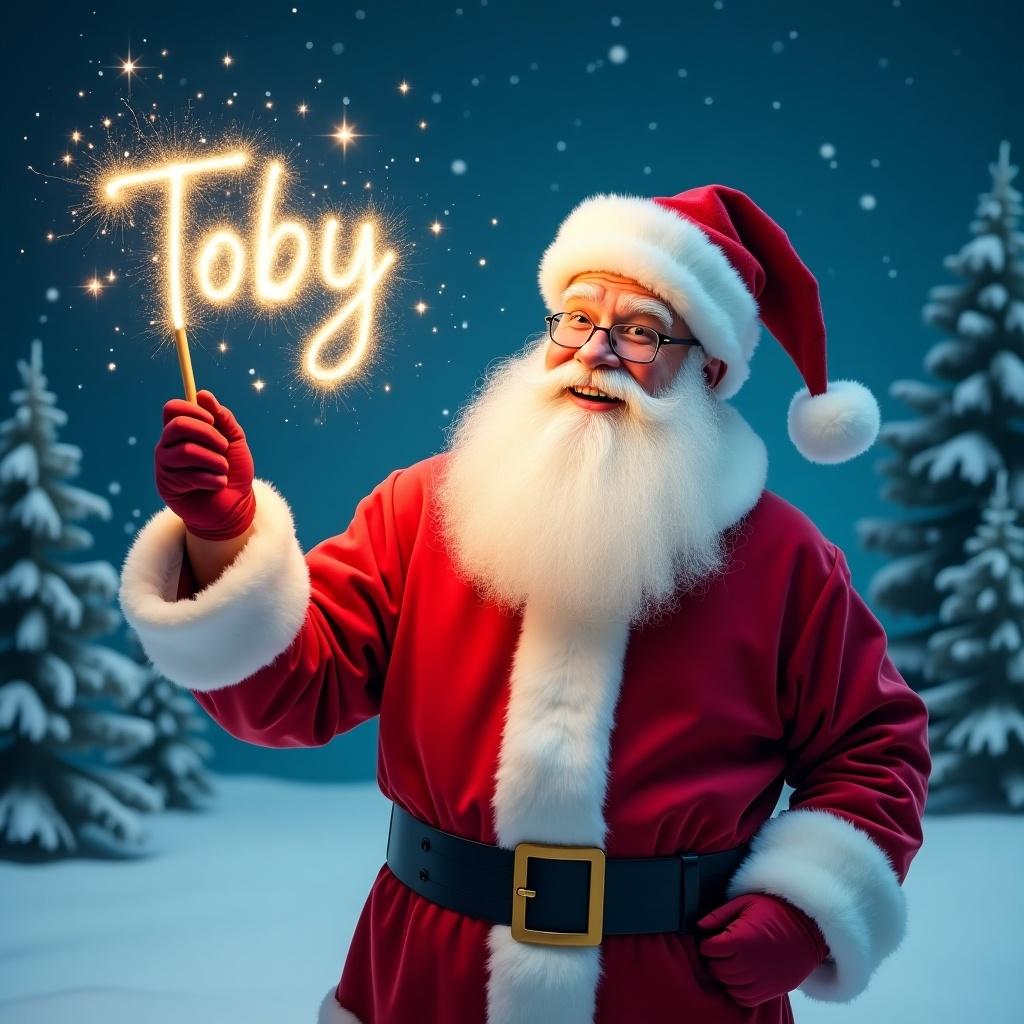 Jolly Santa Claus in snowy landscape. Magical wand shines with sparkles spelling Toby. Classic red suit with white fur trim. Twinkling eyes. Writing names in the sky. Snowy scene with evergreen trees. Starry night sky. Festive and magical atmosphere.