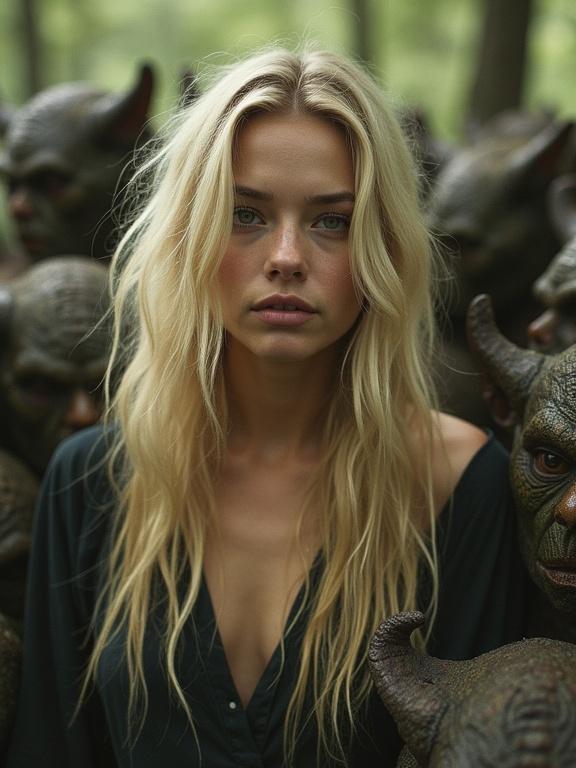 Blonde-haired woman stands in a forest. She wears a low-cut black dress. Surrounded by several orc-like creatures. Natural light creates a soft atmosphere. Image is low resolution with pixelation and over-saturated colors.