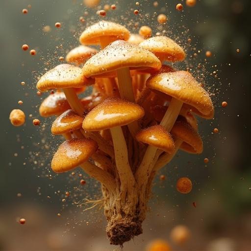 Explosion of dried porcini mushrooms captured in midair with particles surrounding them