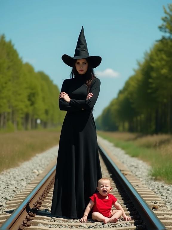 A woman dressed as a witch wears a black outfit with a pointed hat. She stands confidently with her arms crossed on railway tracks. A baby in a red bib sits on the ground beside her, crying loudly. The background shows a clear blue sky and trees lining the tracks, creating a dramatic surreal scene.