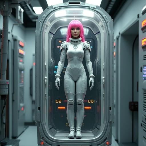 High-quality sci-fi 3D rendering of a woman with pink hair in a cryogenic chamber. She wears a form-fitting white and gray spacesuit with straps and harnesses. The chamber is transparent with advanced displays showing medical metrics. The background is a dimly lit corridor with metallic surfaces and tech equipment. Overall atmosphere is clinical and futuristic.