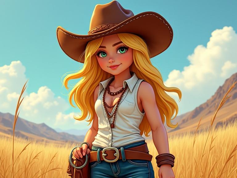 Cowgirl character with long blonde hair in a field of wheat. Character wears a hat and casual attire. Bright blue sky and mountains in the background. Style reminiscent of anime and Monet.