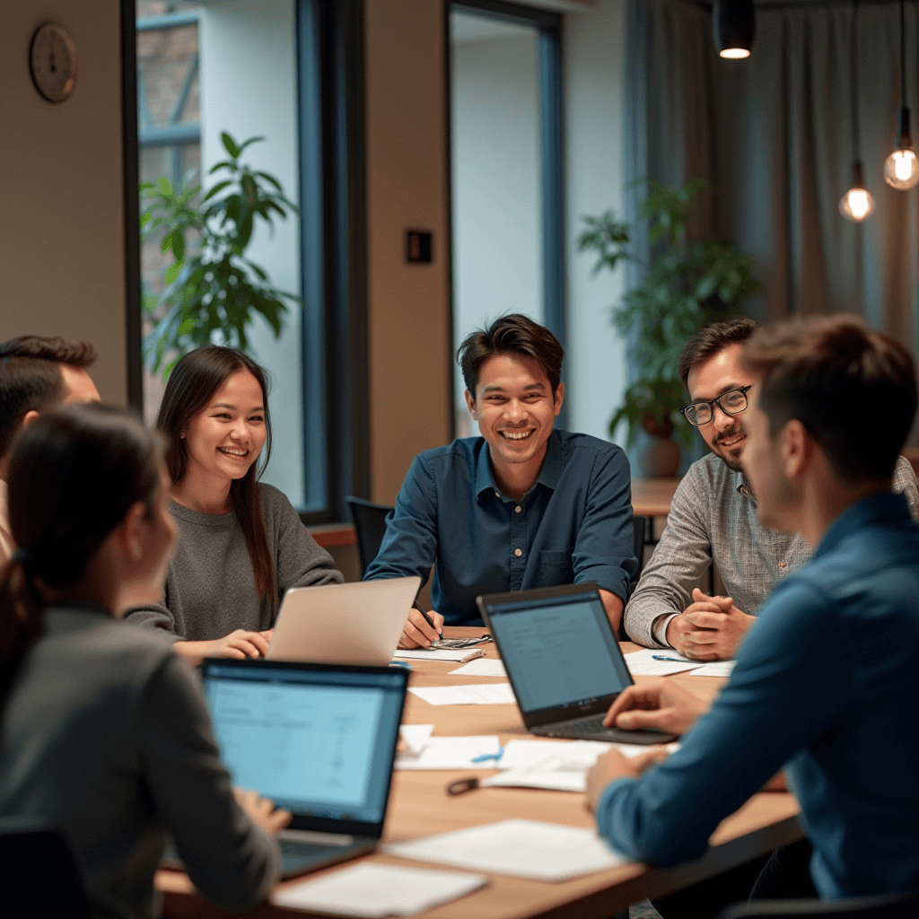 A group of people sit around a table in an office, working together with laptops and documents.