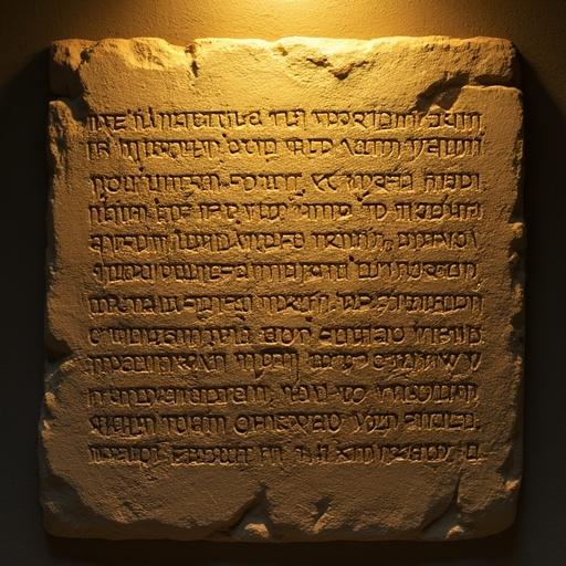 Ancient stone relief features inscriptions in runes. Displayed under soft yellow light. Textured surface of the stone is visible. Historic and cultural significance evident.