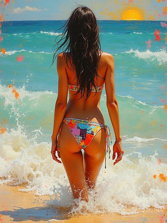 A woman in a colorful bikini standing at the shore, seen from behind. Ocean waves are splashing around her. The scene is vibrant and artistic.