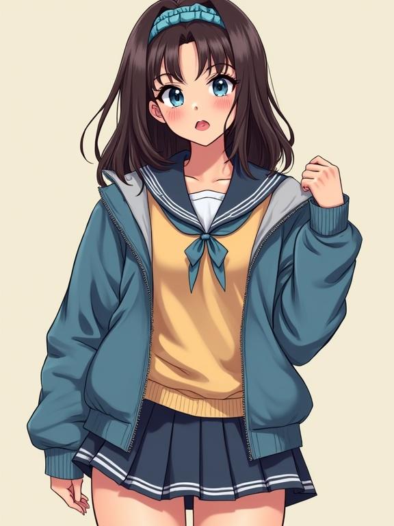 Full body portrait of a female character. Character has a heart-shaped face with plush pink lips. Blue eyes and thick lashes. Dark brown shoulder-length hair styled with a blue scrunchie. Wearing a school uniform consisting of a yellow top and a blue jacket. Character appears top-heavy, with wide thighs, showcasing milky skin. Background is trendy.