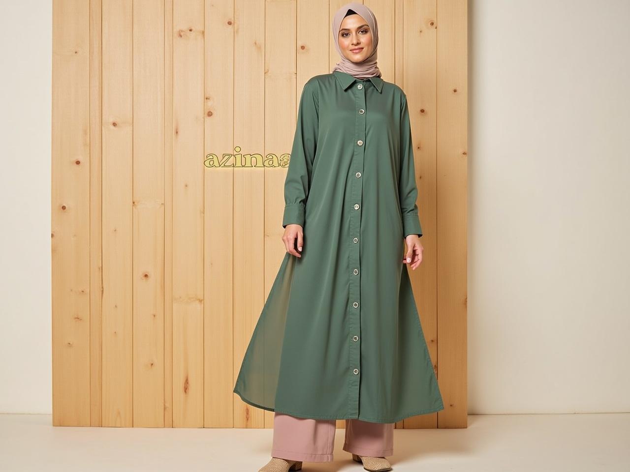 The image features a woman standing in front of a wooden backdrop. She is wearing a long, green dress that has buttons down the front and flows elegantly. The dress has long sleeves, and she is wearing a matching headscarf in a light, neutral color. Her pants are a light pink color, complementing her outfit. The setting has a simple, clean aesthetic with the text "azinaa" visible in the background.