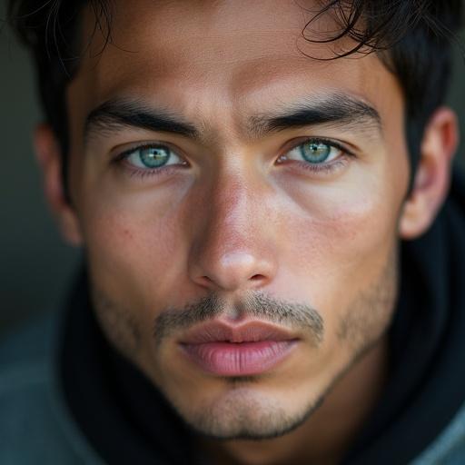 Closeup shot of a man from Kazakhstan with distinctive facial features. The man has striking blue eyes and noticeable dimples. Skin tone and texture are highlighted.