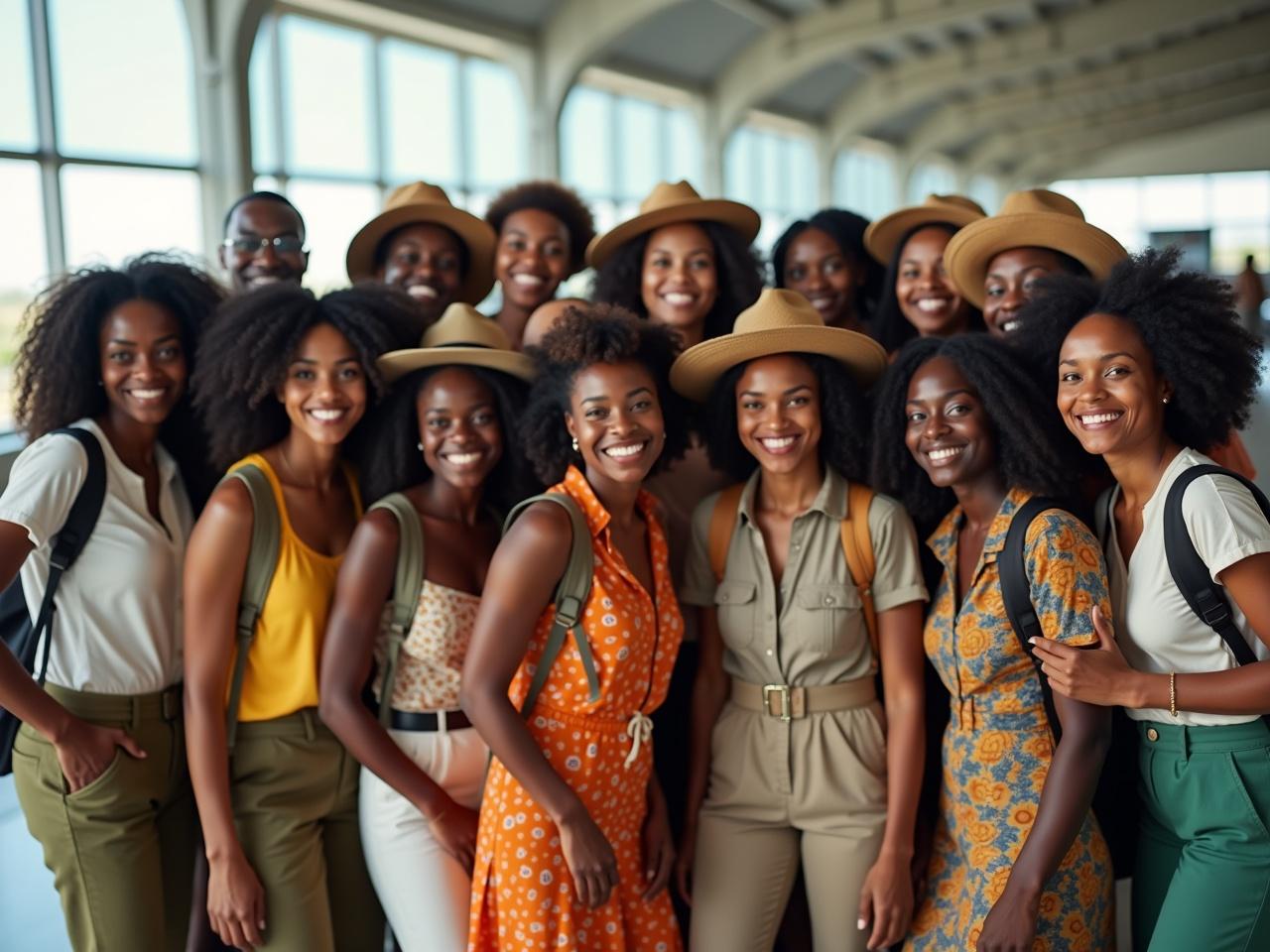 A joyful group of women gathers in a bright, airy space. They sport a range of fashionable outfits, showcasing vibrant patterns and earth tones. Each woman has a unique hairstyle, celebrating diverse beauty. They wear hats that add to the cheerful atmosphere. The setting has large windows letting in ample natural light, enhancing their smiles. This scene evokes a sense of camaraderie and positivity. It's a perfect representation of friendship and empowerment. The smiling faces reflect a moment of happiness and togetherness. This image could inspire themes related to travel, fashion, and community.