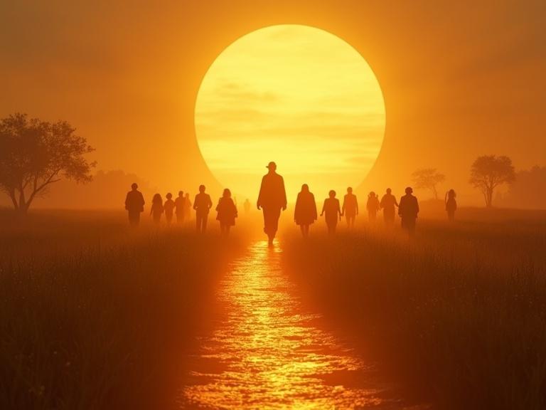 Villagers walk on glowing path inspired by Enoch. Silhouette in sky with golden tones. 9:16 aspect ratio.