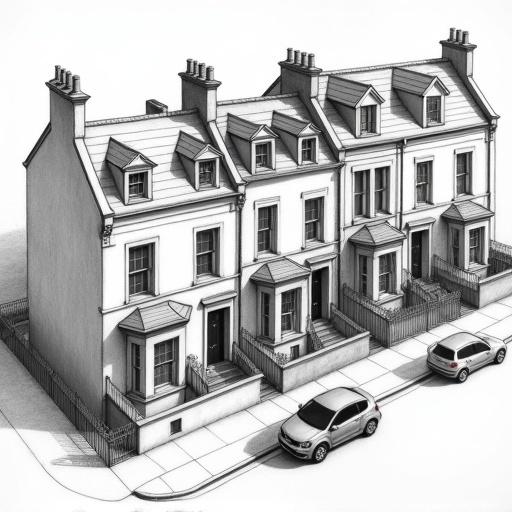 A hyperrealistic isometric architectural drawing of terraced town houses in pencil. Highlight areas with watercolor accents. Use marker paper with black pencil. Show dimensions. Buildings feature detailed styles. Windows and doors add depth. Use thick and thin lines for dimension.