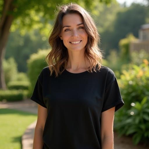 A woman stands in a garden. She wears a basic black t-shirt. The environment is lively with greenery around her. The image captures her smiling in natural light.