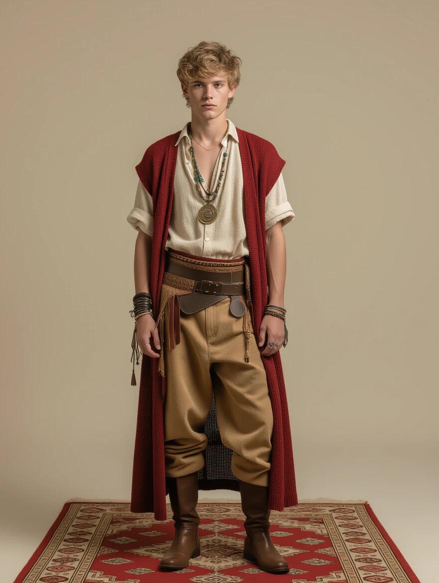Conceptual art of a young male character wearing elaborate natural fabric clothing. Character has a dark purple tunic and fitted beige shirt. Features a leather belt with pouches and accessories. Styled in fitted trousers tucked into masculine boots. Uses a travel backpack and wooden bracelet symbolizing growth. Character has a serious, mysterious expression. Set in a riverside village with mountains and cabins in a natural, softly lit environment.