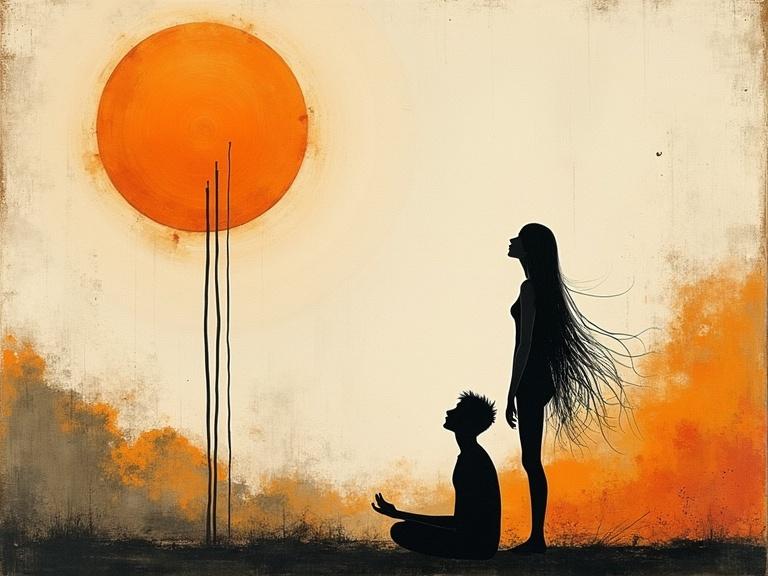 Abstract mixed-media artwork with two silhouetted figures. One figure stands with arm raised and long hair. The second figure sits in meditation. Large orange circle in the corner resembling the sun. Background has textured layers and earthy tones. Thin lines connect the figures. Themes of spirituality and connection.