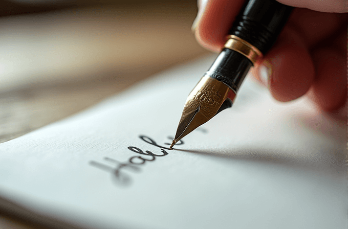 A hand holds a fountain pen, writing on a piece of paper.