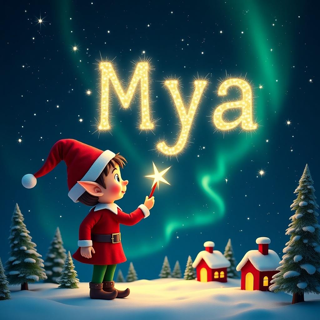 An elf writes the name Mya with a magical wand creating sparkling text. The dark background showcases the letters. A whimsical fairy tale scene invites viewers into a fantasy world. The elf wears a vibrant red outfit and pointed hat. It holds a glowing wand and gazes at the night sky. Below are little houses and evergreen trees, illuminated by enchanting Northern Lights. The atmosphere is rich in childhood magic.