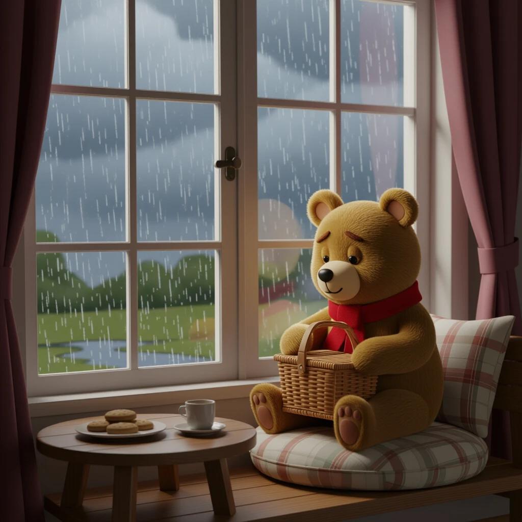Charming 3D animation in a cozy room. A large front-facing window shows raindrops streaming down. Dim cloudy lighting fills the scene. A teddy bear named Button sits on a round pillow. He holds a picnic basket in his lap. The bear has brown fur, round ears, and wears a red scarf. He looks sad, with slouched shoulders. A small wooden table has cookies and empty cups beside him. Outside, grey clouds and puddles fill the view.