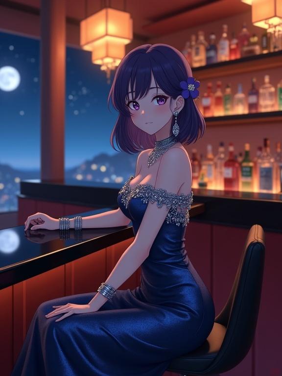 Elegant Japanese woman in a dark blue off-the-shoulder gown seated at a bar. Violet bob hair and eyes. Soft glow from chandeliers. Background with liquor bottles and moonlit sky. Serene and sophisticated atmosphere.