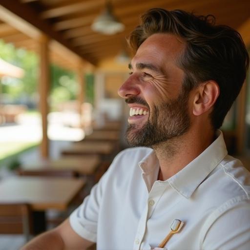 Close-up of a smiling man with perfect teeth. He is enjoying a peaceful moment outdoors at a wooden café terrace. Soft brown tones, natural earthy lighting. Subtle dental elements included, like a toothbrush in the shirt pocket or a tooth-shaped cloud in the sky. Relaxed and inviting mood.