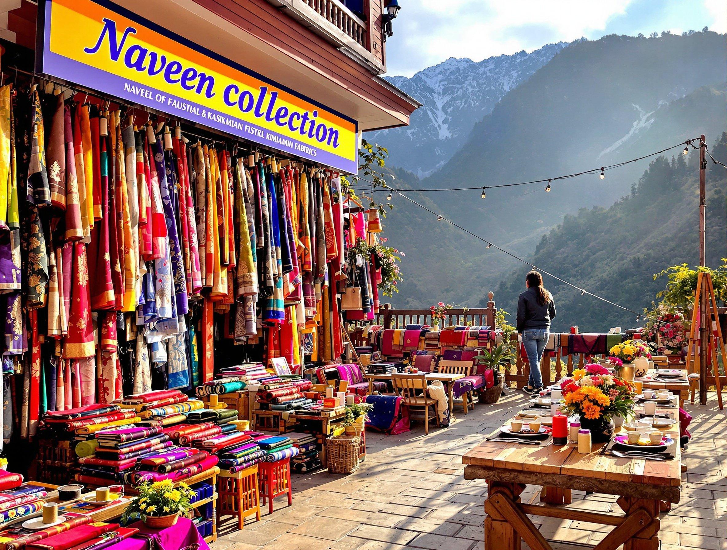 Exterior scene showcasing sarees and shawls. Bright signage reads 'Naveen Collection'. Variety of Kashmiri fabrics on display. Wooden benches and tables feature silk fabrics and colorful tableware. Daylight enhances the beautiful Himalayan landscape.