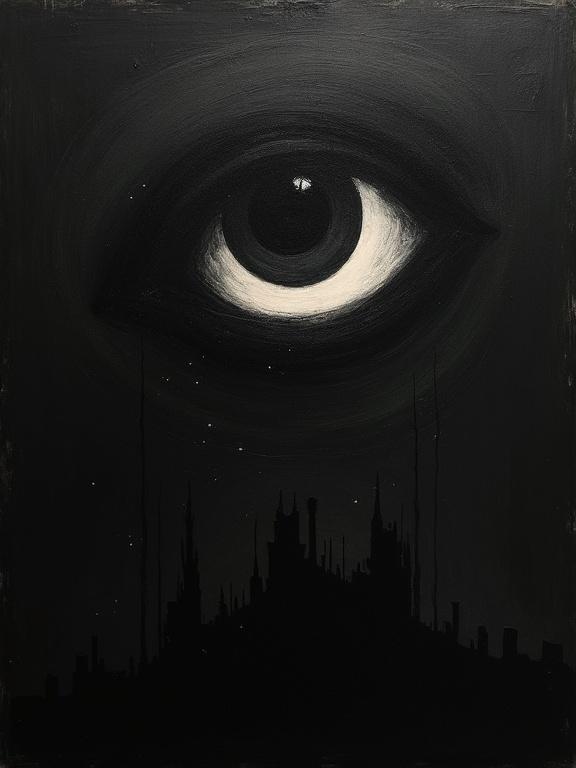 An extremely rough oil painting on a completely black background. A giant silhouette eye sits etched at the top corner of the page diagonally. The eye is filled with a cosmic void of darkness. Title 'That Familiar Static', artist name 'H. Bellerose' in rough silhouette form resembling a small town.