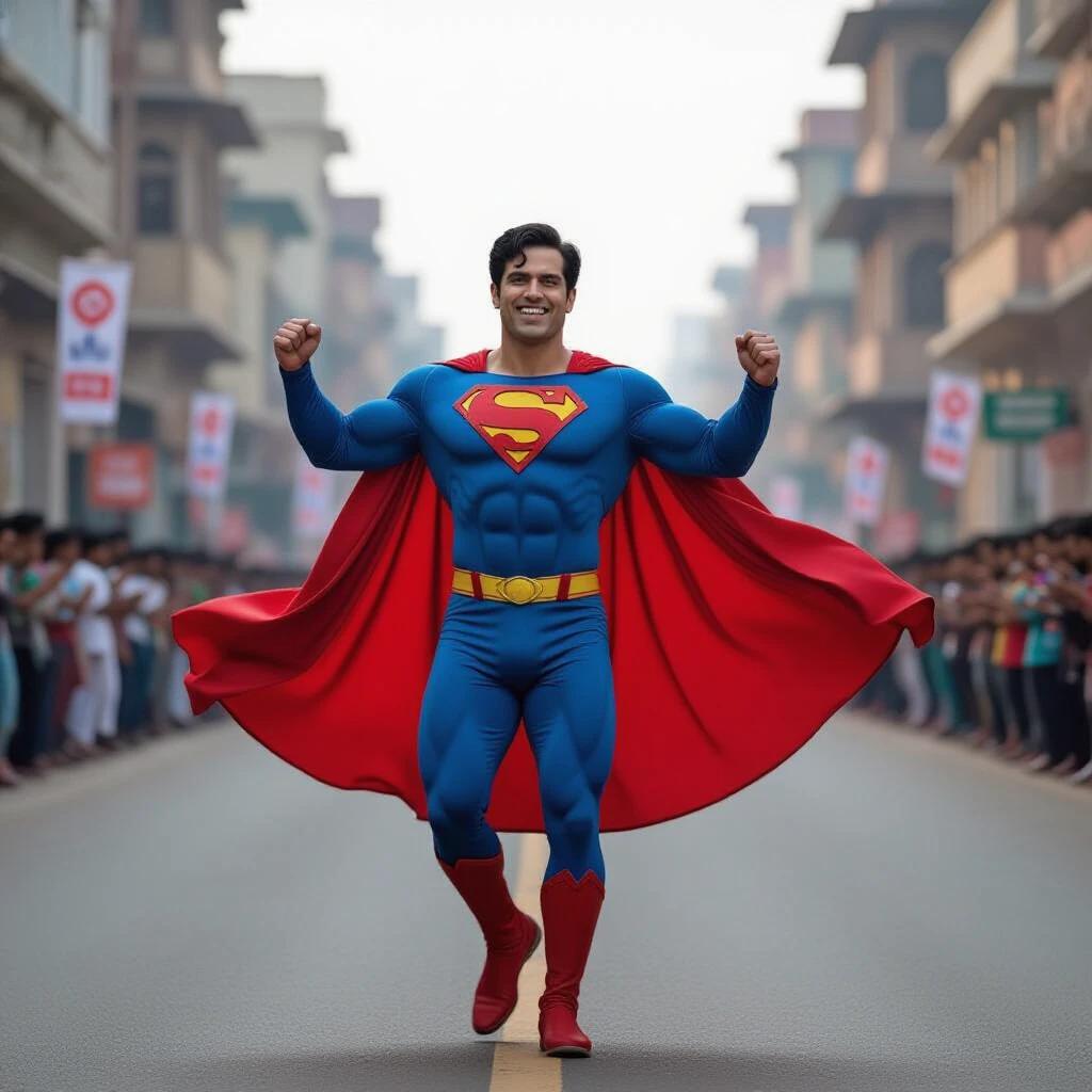 Superman character dancing confidently on a busy Indian road. Large crowd admires the performance. Bright colors dominate the scene with Superman's iconic blue and red costume.