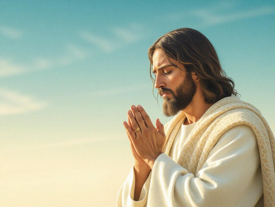 Image of Jesus Christ praying in a serene outdoor setting. The sky is blue with soft clouds. He has long hair and a beard. He is wearing a white robe and holding his hands together in prayer.