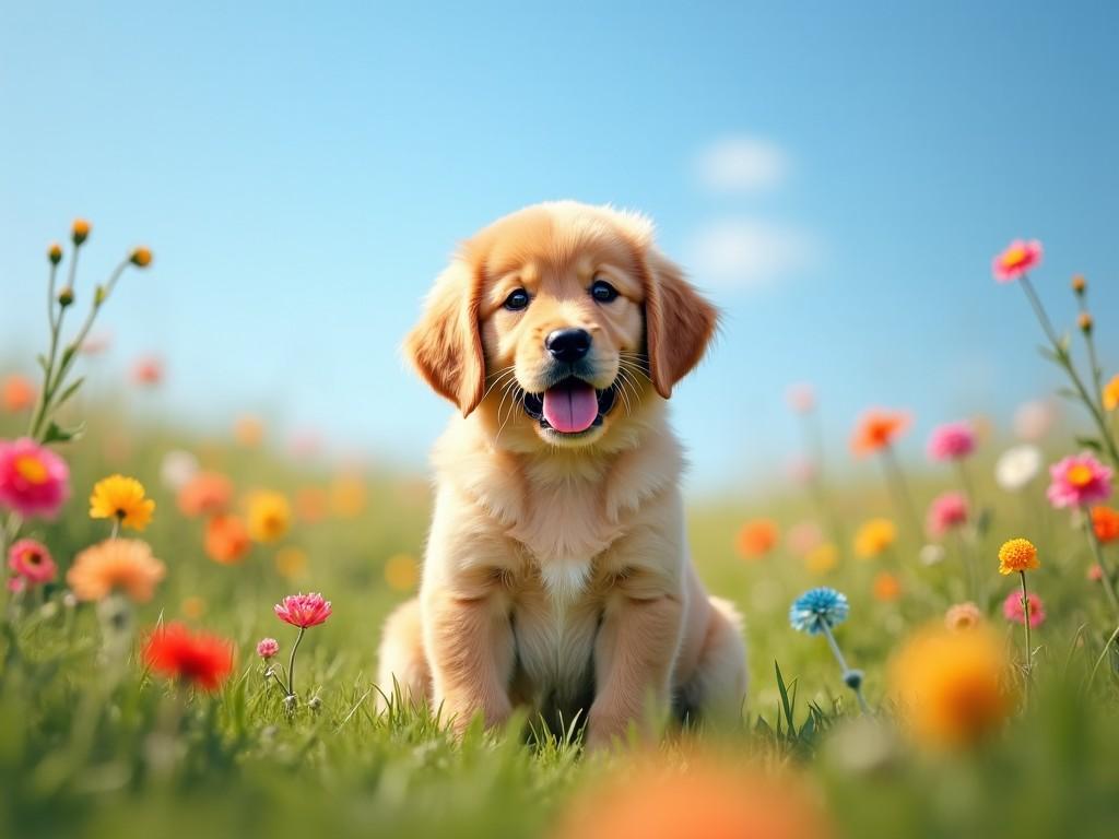 The image features a golden retriever puppy sitting in a vibrant flower field. The puppy is smiling with its tongue out, radiating joy and playfulness. The background consists of colorful flowers against a clear blue sky. The overall scene evokes a sense of happiness and warmth. It captures the beauty of nature and companionship with pets.