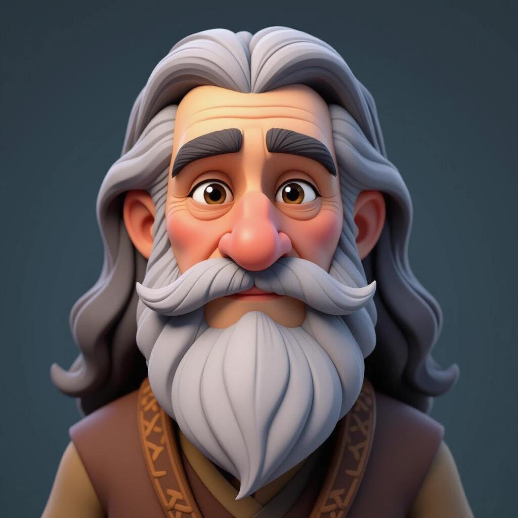 3D cartoon image of an elderly man over 60 years old with long hair, white beard, deep facial wrinkles, high cheekbones, deep eyes, and solemn expression.