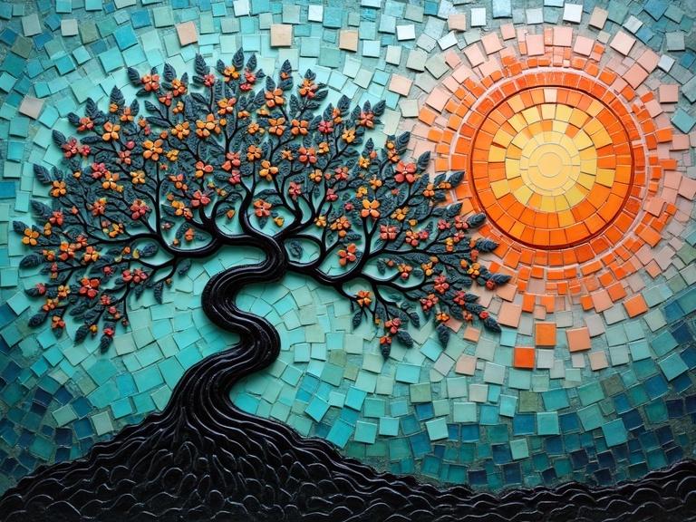 3D iridescent ceramic tile and glass mosaic depicting a bonsai tree with abstract squares. The sunset is made of squares with blues, greens, blacks, and hints of orange and pink. Concept art with ethereal vibes.