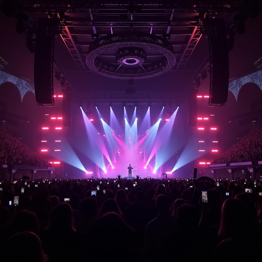 The image captures a vibrant concert scene at the Crypto.com Arena during The Weeknd's After Hours Till Dawn Tour. The stage is bathed in dynamic lights, showcasing a mix of purple, pink, and blue hues. Fans in the crowd are visible, many holding up their phones to capture the moment. The atmosphere is electric, filled with excitement as the artist performs. A grand aura surrounds the stage design, creating a memorable visual experience for attendees. This is a powerful representation of modern concert culture and the connection between artist and audience.