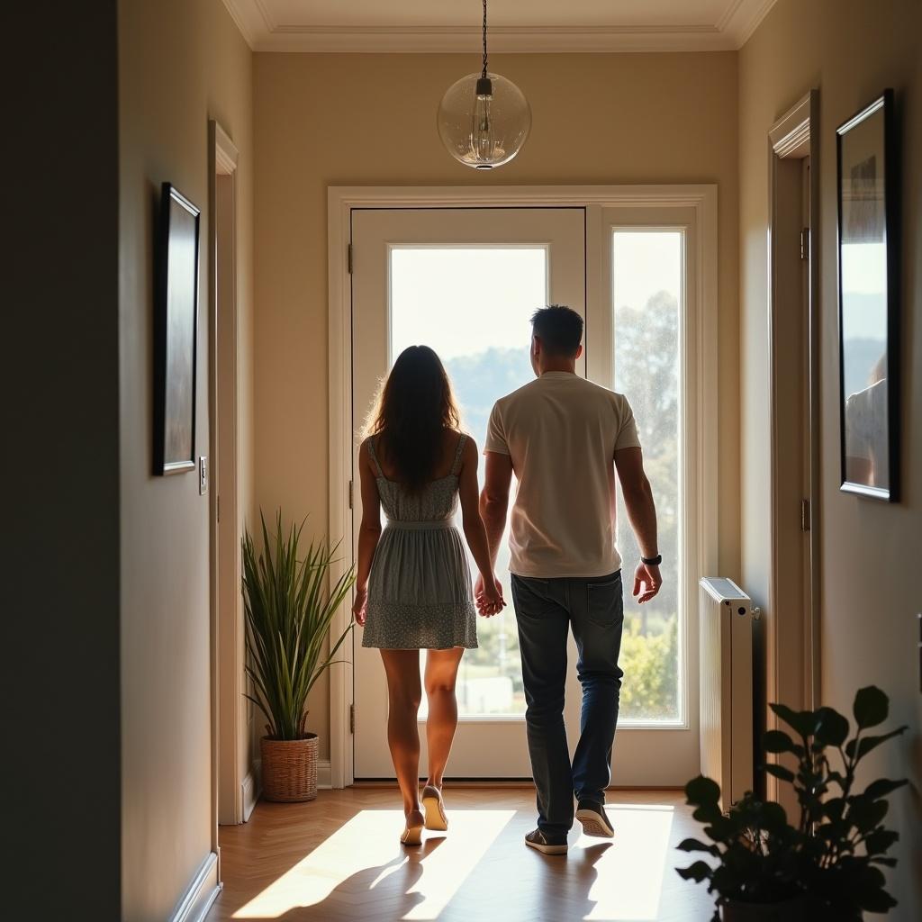 A couple is walking hand in hand toward the exit of a house. The man is entering while the woman is leaving. They are in a modern hallway with warm light. The scene captures a moment of connection and transition.