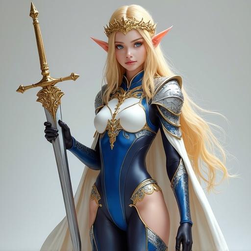 Female elf with delicate features and long pointed ears. Fair skin and golden blonde hair. Ornate golden tiara on head. Bright blue eyes show calmness and strength. Armor in white and blue with gold accents. Form-fitting armor with long white cape. Black gloves and thigh-high leggings. Silver knee guards and shin plates. White heeled boots. Holding a long sword.