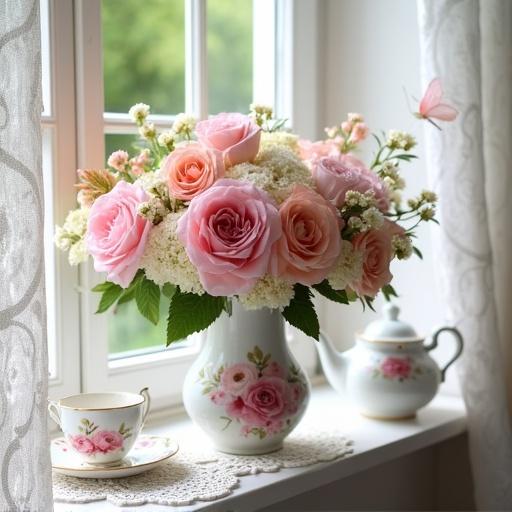 Beautiful floral arrangement in a white vase with pink rose print. Window sill has sunlight and lace curtains. Pretty teapot beside vase and rose printed tea cup nearby.