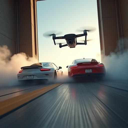 An FPV drone flies through an open window. The drone dives downward revealing two sports cars. One car is metallic silver. The other is glossy red. Cars are surrounded by thick smoke. Tires spin and screech as they accelerate. The drone follows closely weaving behind the cars. The scene is action-packed with cinematic visuals and motion blur.