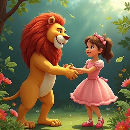 A lion character interacts playfully with a girl in a blossoming garden. The girl wears a pink dress and smiles while holding hands with the lion. The setting is vibrant with flowers and lush greenery.