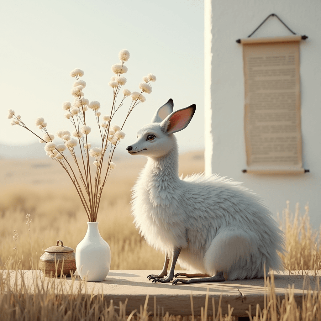 A mystical white fox sits beside vases on a wooden table in a dreamy desert landscape.