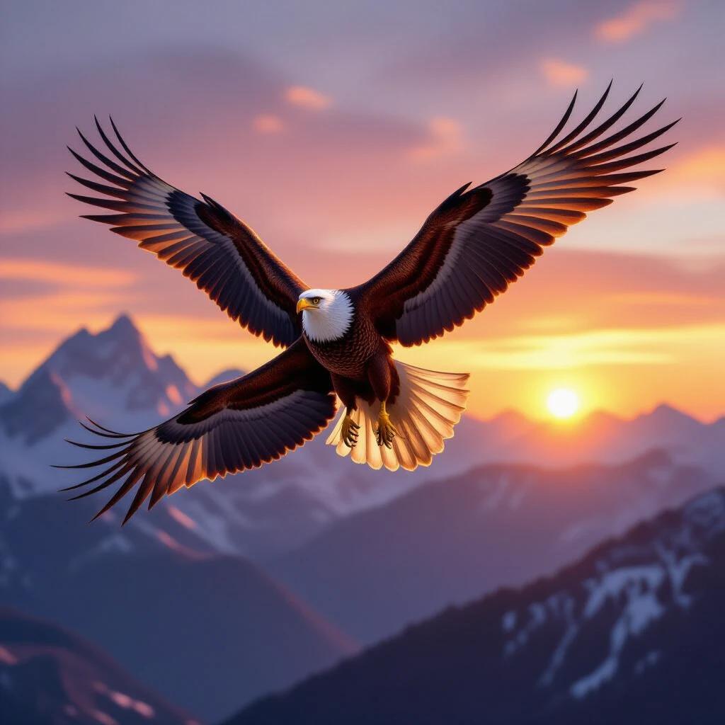 Majestic eagle soaring over mountains during a colorful sunrise hyper-realistic depiction.
