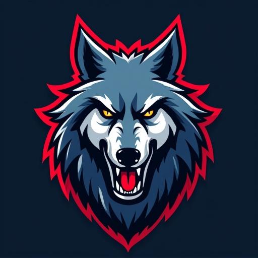 Logo design focused on a wolf head for a wrestling theme. Bold colors used to create a fierce appearance. Highlights and shadows are applied to enhance features. Graphic style reflects strength and competition.