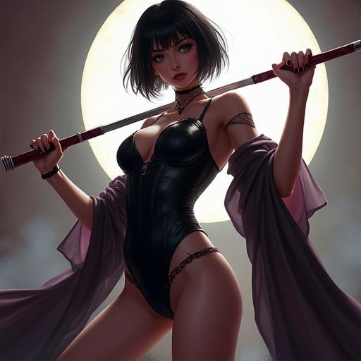 Anime-style illustration of a sorceress in a latex outfit. Full-body dynamic shot. Character poses dramatically with a weapon. Cinematic lighting enhances the dark background and adds depth. The character has short black hair and a stylish appearance.