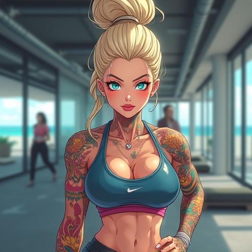 Anime character in modern luxurious gym. Woman with light blonde high bun. Features frosted blue eyes and tattoos. Wearing edgy Nike athleticwear. Focused expression. Engaged in Capoeira training. Background showcases a high-end gym.