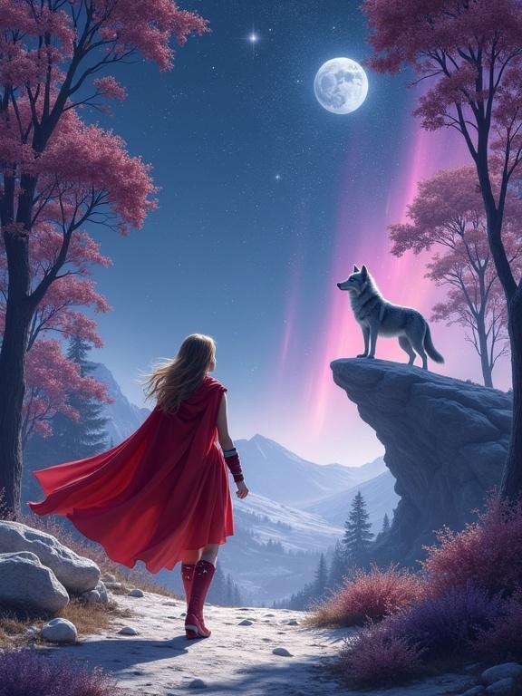 A girl in a flowing red cape walks through a forest with crystal trees. A wolf made of nebulas watches from a floating rock. The sky is filled with shooting stars and violet auroras.