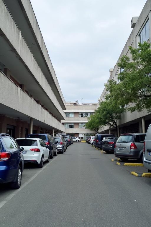 Parking lot surrounded by apartment buildings. Cars are parked horizontally along the sides. The street is lined with greenery and there are a few clouds in the sky.